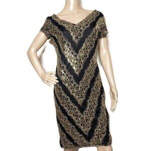 Marina vintage Black & Gold sequin embroidered Short Sleeve V-Neck Dress Size 4
